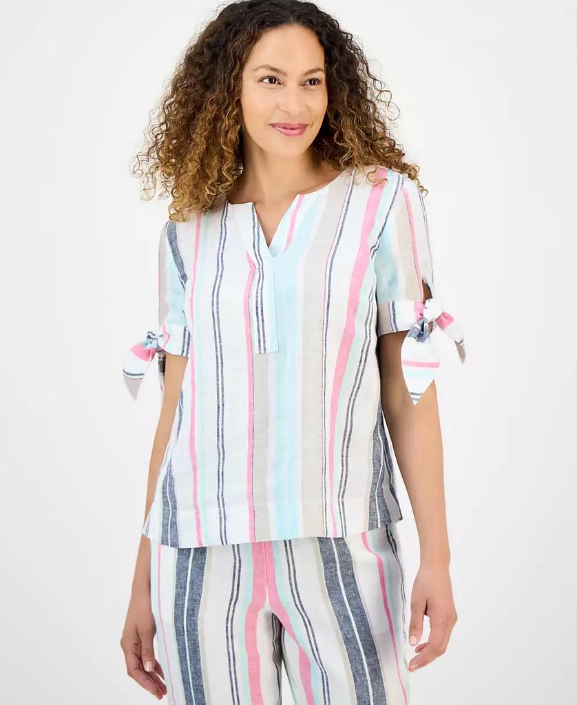 Charter Club Petite Linen Striped Tie-Cuff Short-Sleeve Top, Exclusively at Macy's