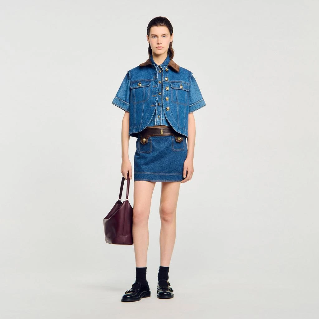 Sandro Mini denim and leather skirt 1