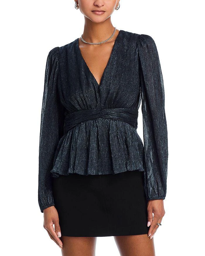 AQUA Metallic V Neck Long Sleeve Top - Exclusive 1