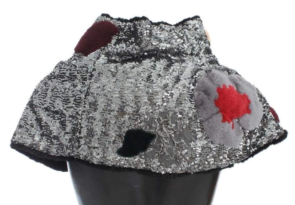 Dolce & Gabbana Dolce & Gabbana  Silver Sequined Floral Weasel Fur Shoulder Scarf Wrap 3