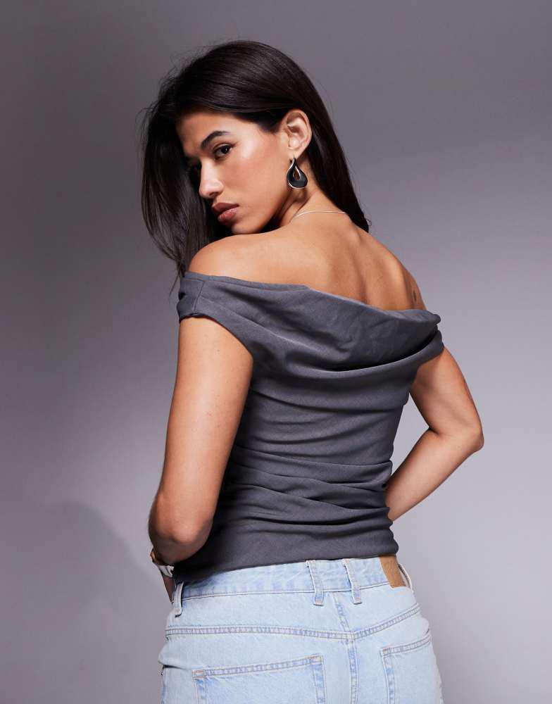 Princess Polly Princess Polly ruched drape detail bardot top in charcoal