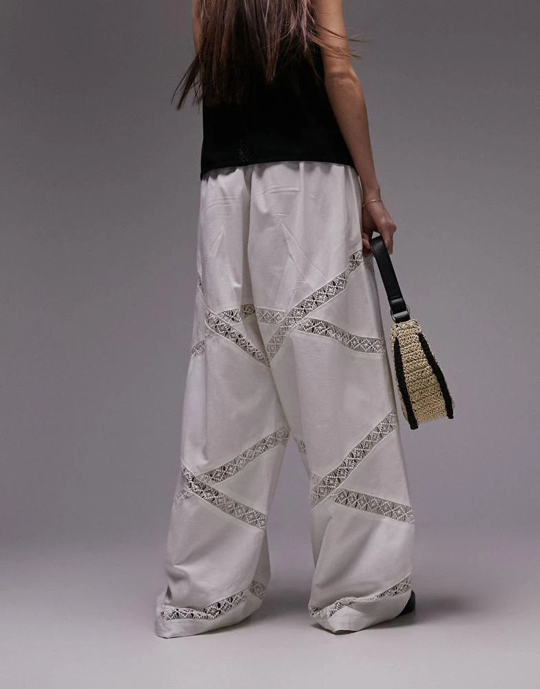 Topshop Topshop linen lace insert elasticated wide leg trouser in white 4