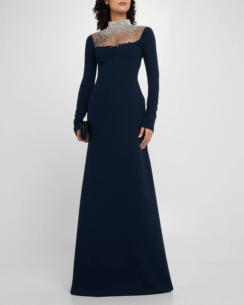 Naeem Khan Crystal Beaded Crepe Long-Sleeve Illusion Gown 4