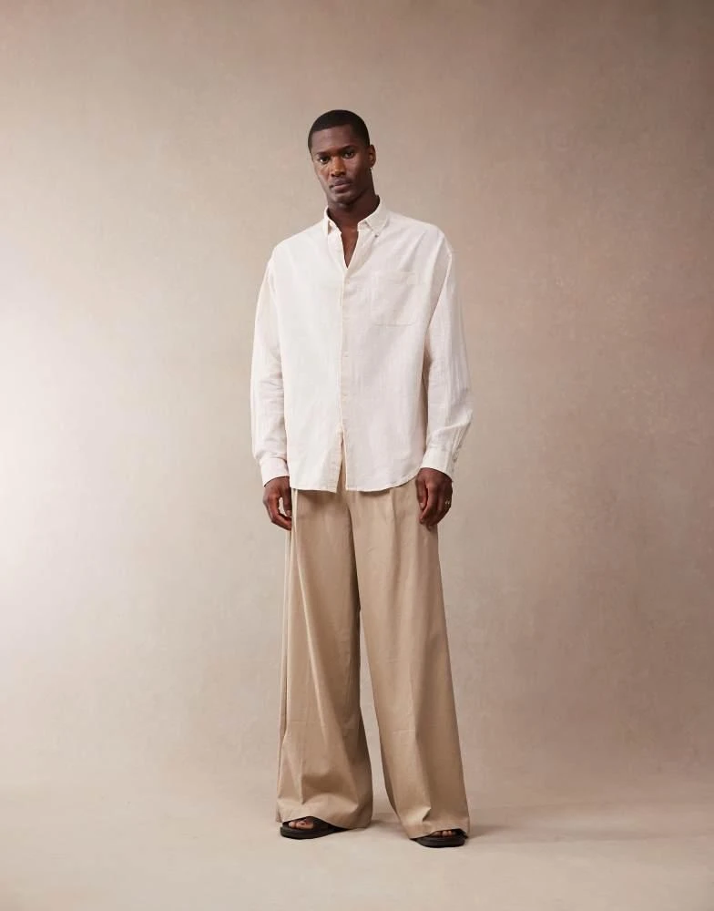 ASOS ASOS DESIGN smart extreme wide leg linen blend trousers with front pleat in dark stone 1