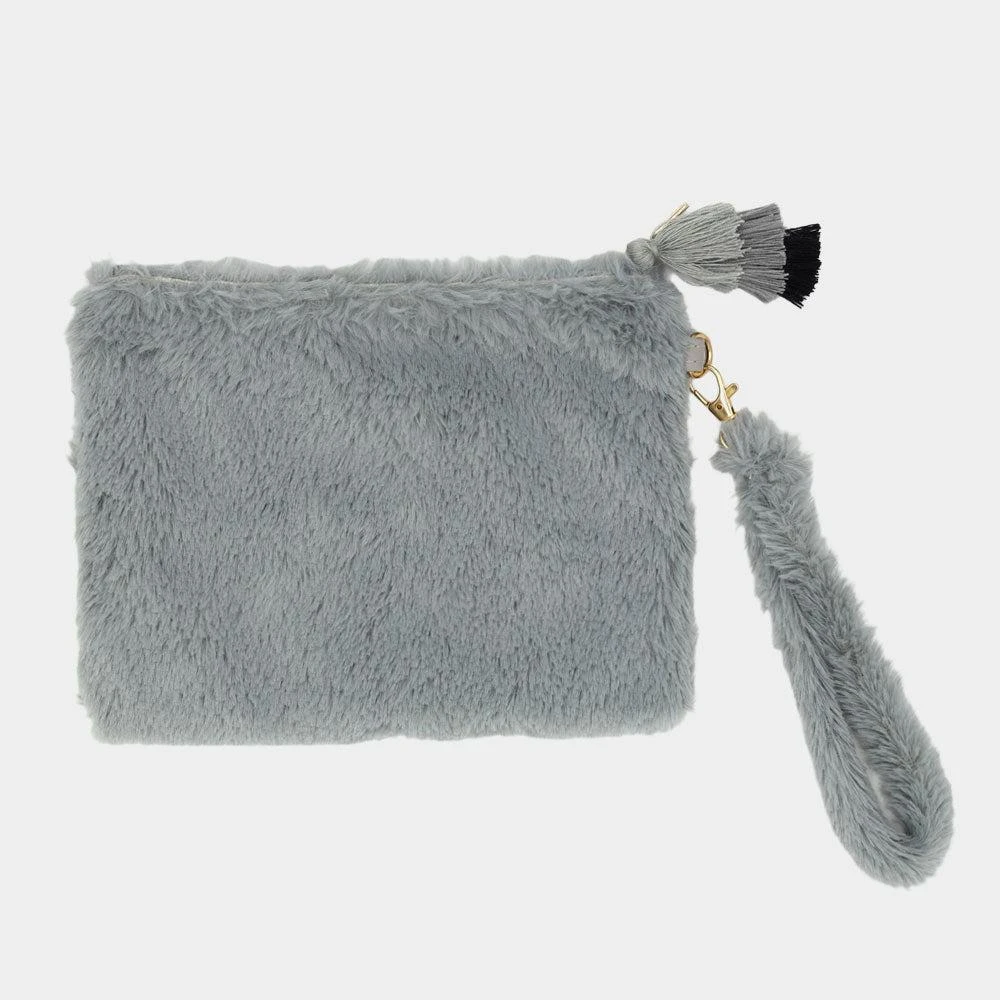 FASHNZFAB Faux Fur Tassel Pouch With Wristlet 1