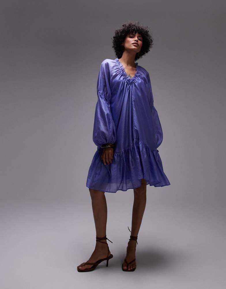& Other Stories & Other Stories semi sheer mini dress with volume sleeves in blue