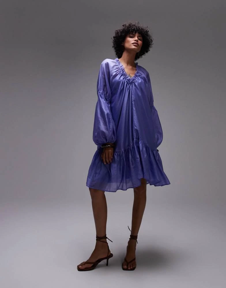 & Other Stories & Other Stories semi sheer mini dress with volume sleeves in blue 1