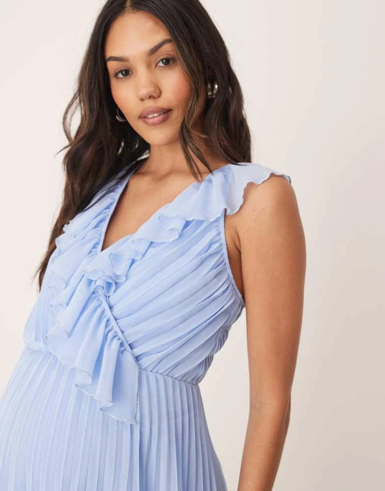 ASOS Design Maternity frill wrap detail pleated midi dress in baby blue-Multi