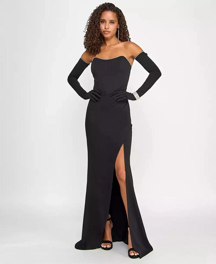 Emerald Sundae Juniors' Rhinestone-Trim Strapless Gown With Gloves 1