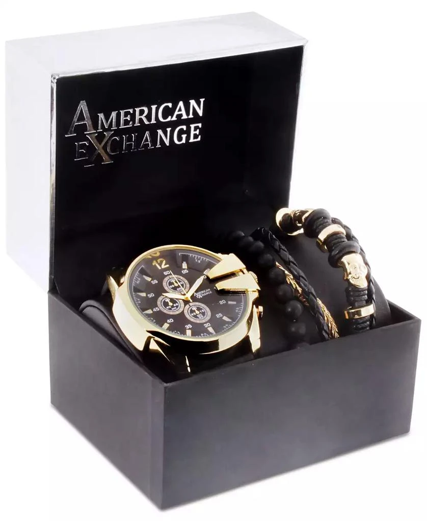 American Exchange Men's Black Leather Strap Watch 52mm Gift Set 2