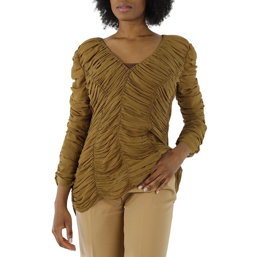 Khaite Ladies Khaki Brown V-Neck Ruched Silk Blouse