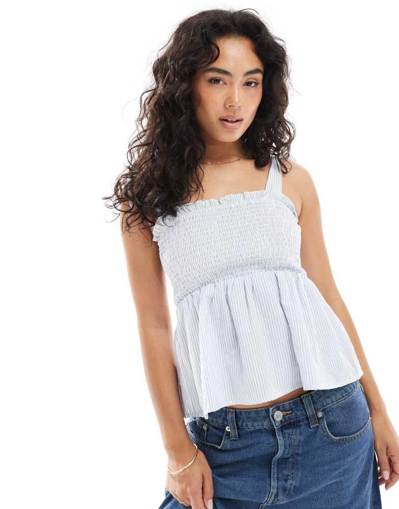 Brave Soul Brave Soul cotton mix strappy cami top with shirring in blue and white stripe