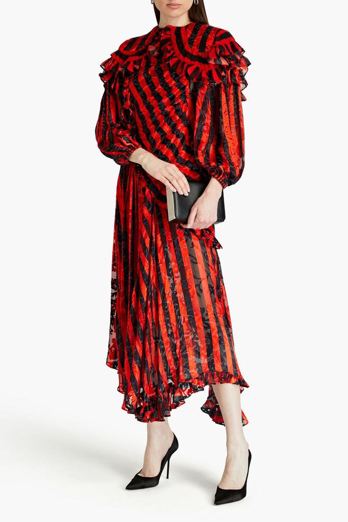 Preen By Thornton Bregazzi Ruffled striped devoré-chiffon midi dress