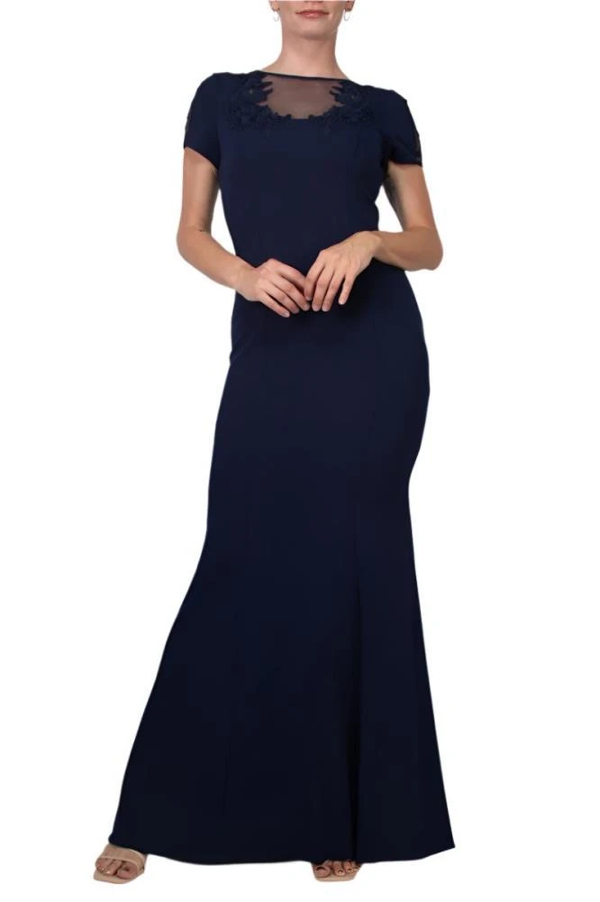 TRUEDAMES Illusion Embellished Crew Neck Short Sleeve Trumpet Keyhole Back Concealed Zipper Back Crepe Gown 2