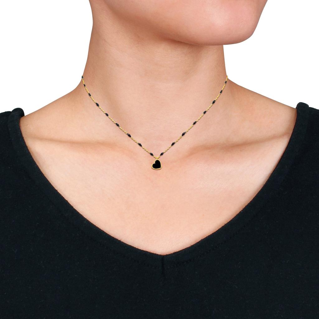 Mimi & Max Mimi & Max Black Enamel Heart Station Necklace in 14K Yellow Gold - 16+2 in