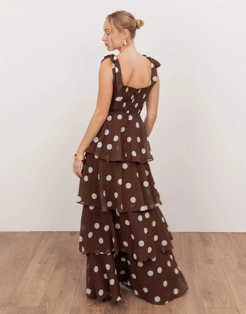 Anaya Anaya tie shoulder tiered maxi dress in brown polka dot - Dresses &  Skirts - Free Shipping - BeyondStyle