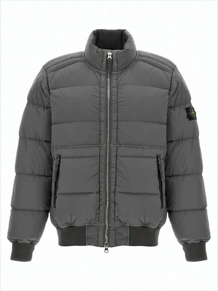 Stone Island Quilted Grey Padded Jacket with High Collar and Distinctive Patch
