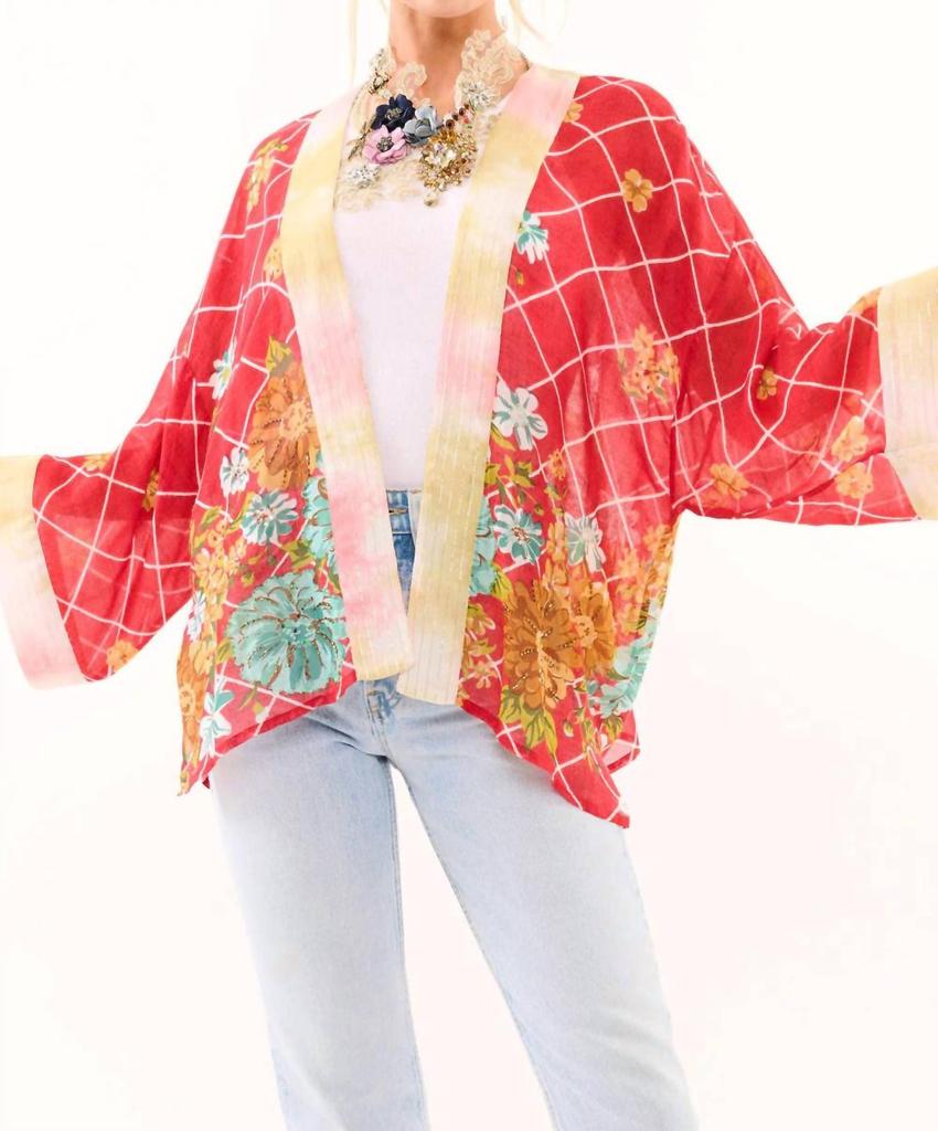 Aratta Borrocow Beauty Hand Embellished Kimono In Vintage Coral Print