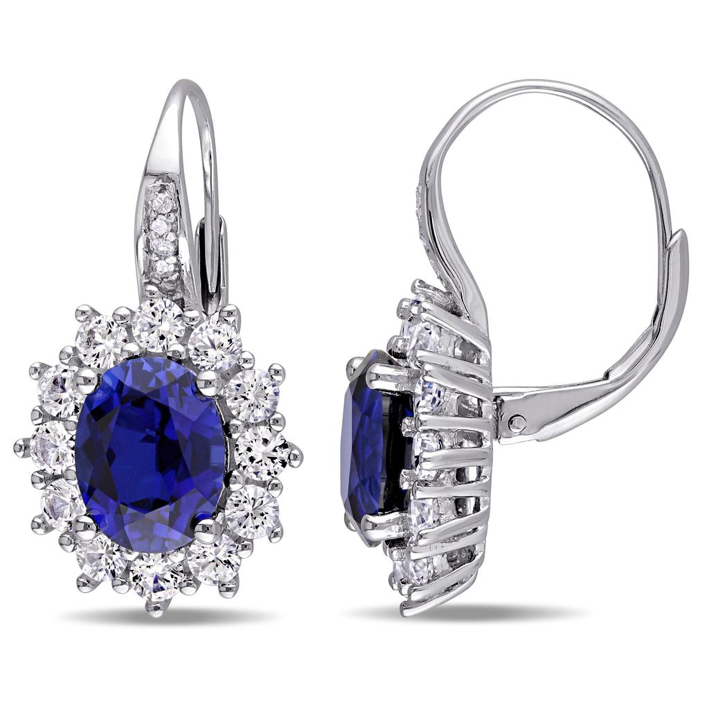 Mimi & Max 8.06 CT TGW Created Blue and White Sapphire and Halo Diamond Leverback Earrings in Sterling Silver