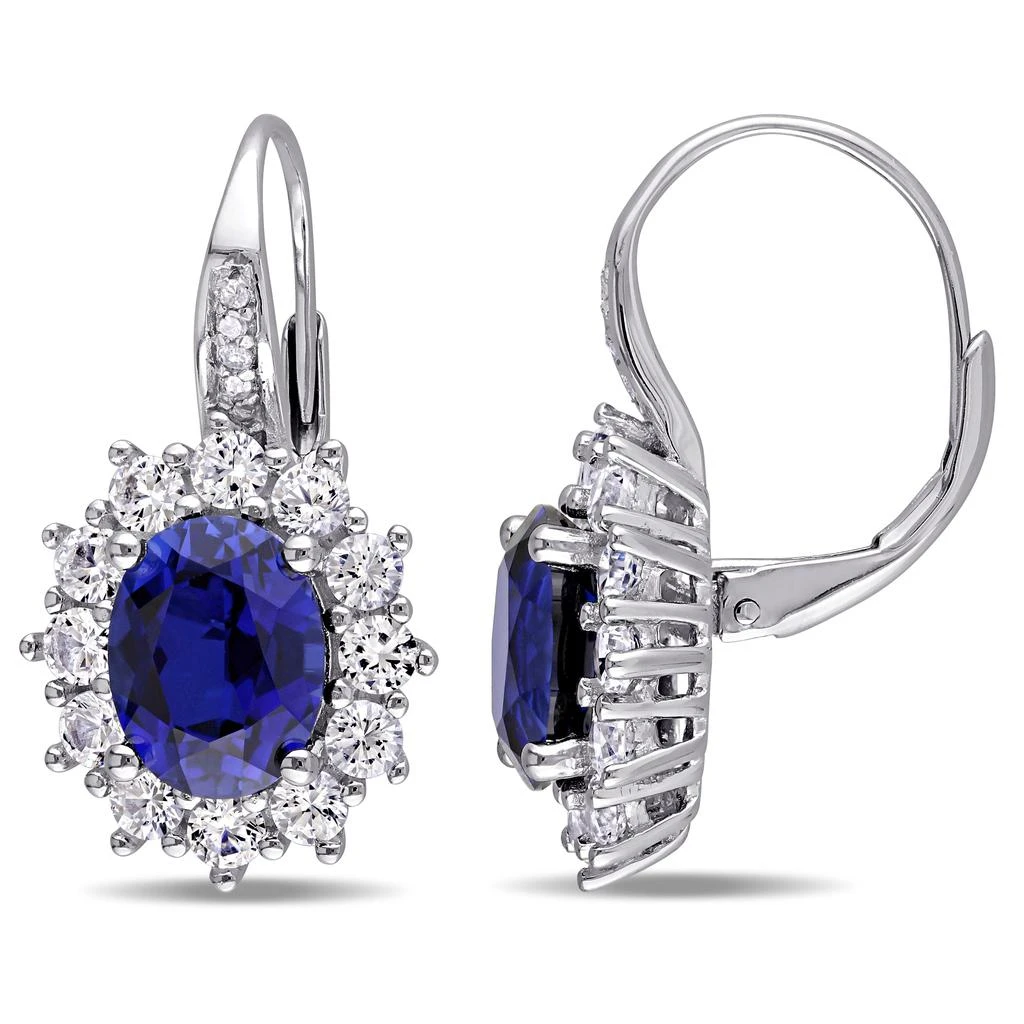 Mimi & Max 8.06 CT TGW Created Blue and White Sapphire and Halo Diamond Leverback Earrings in Sterling Silver 1