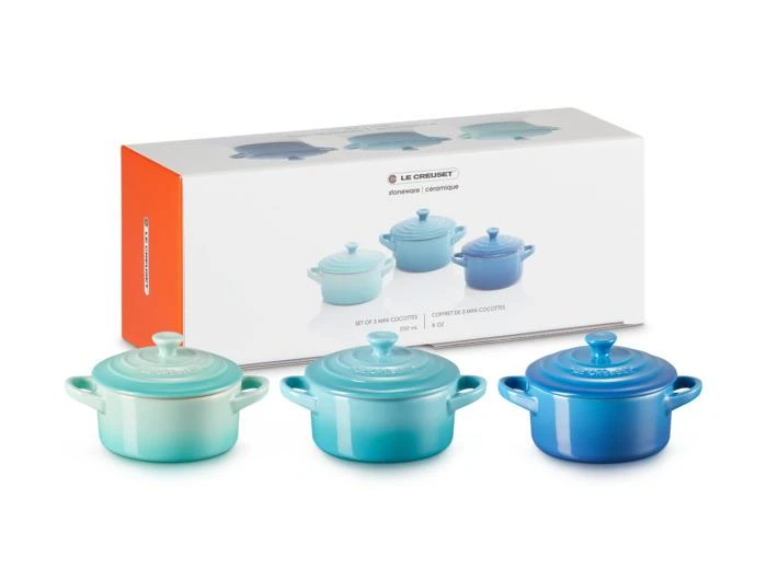 Le Creuset Set de 3 mini cocottes 250ml (bleu marseille, cool mint et bleu caraïbes) 1