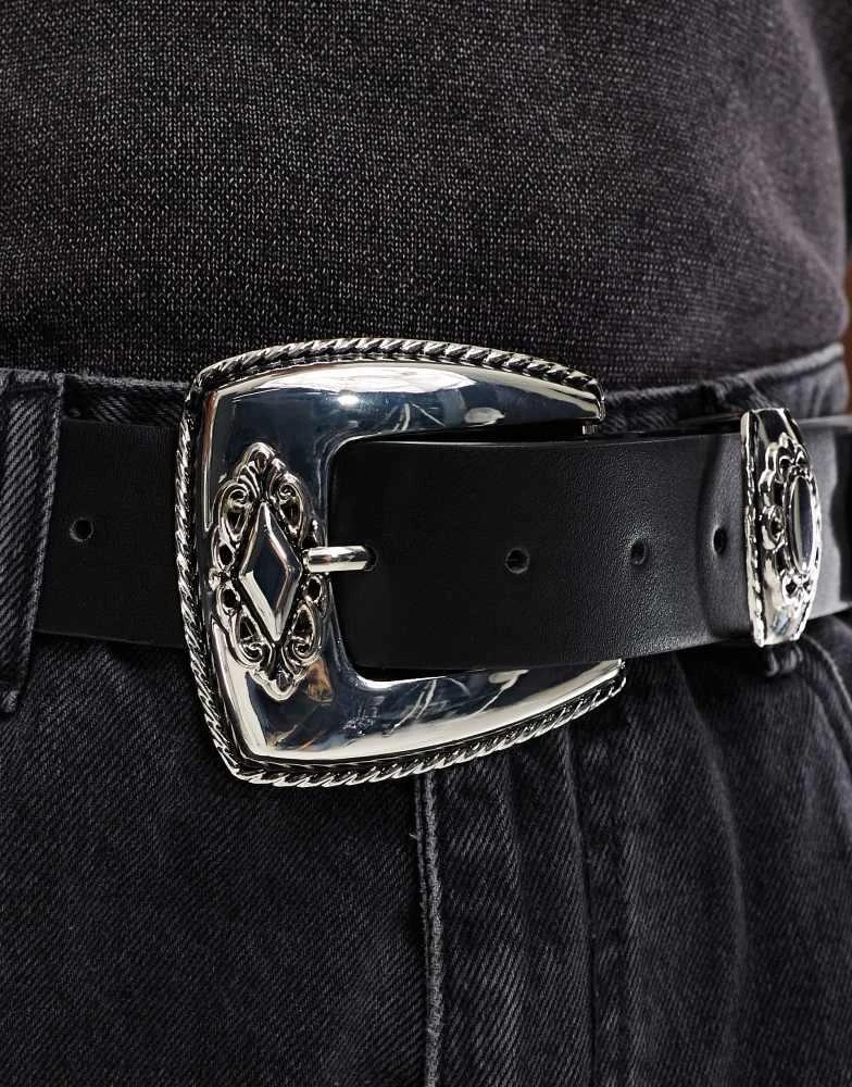 ASOS ASOS DESIGN faux leather belt with western buckle and metal details in black 3