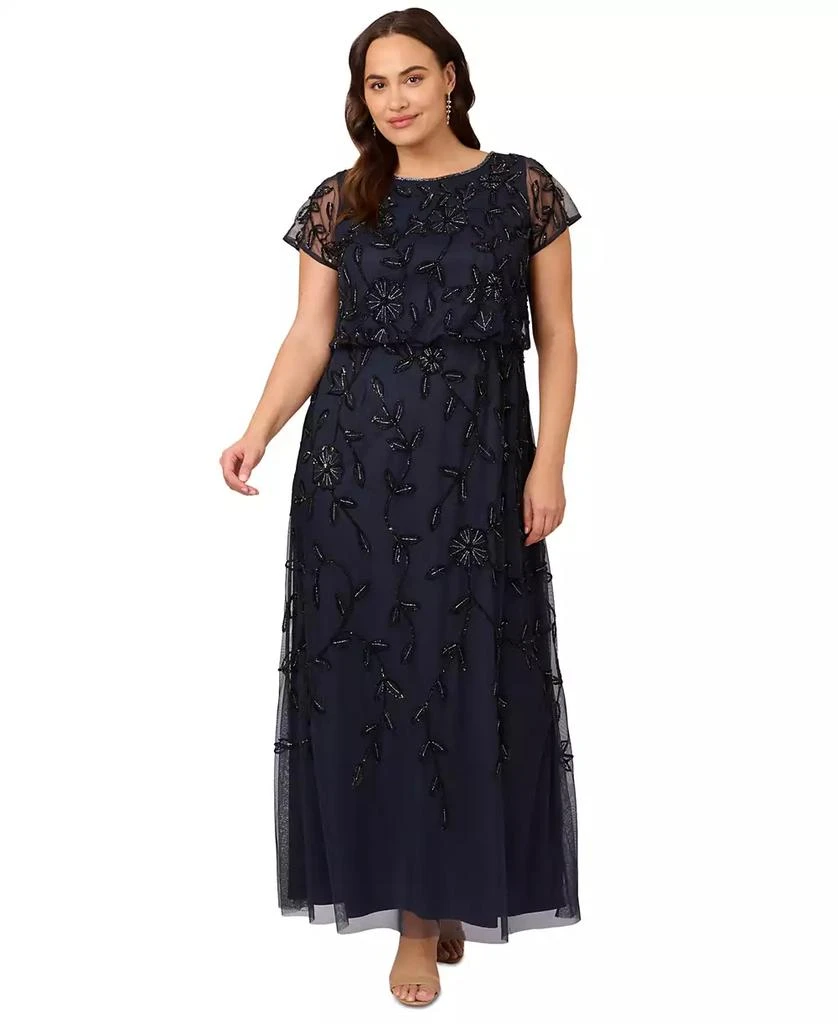 Adrianna Papell Plus Size Blouson Beaded Short-Sleeve Gown 1