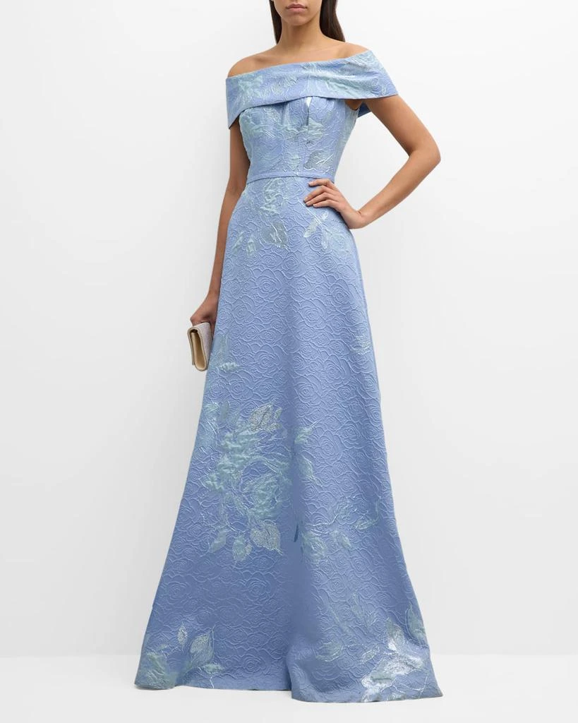 Teri Jon Off-Shoulder Metallic Flower Jacquard Gown 2
