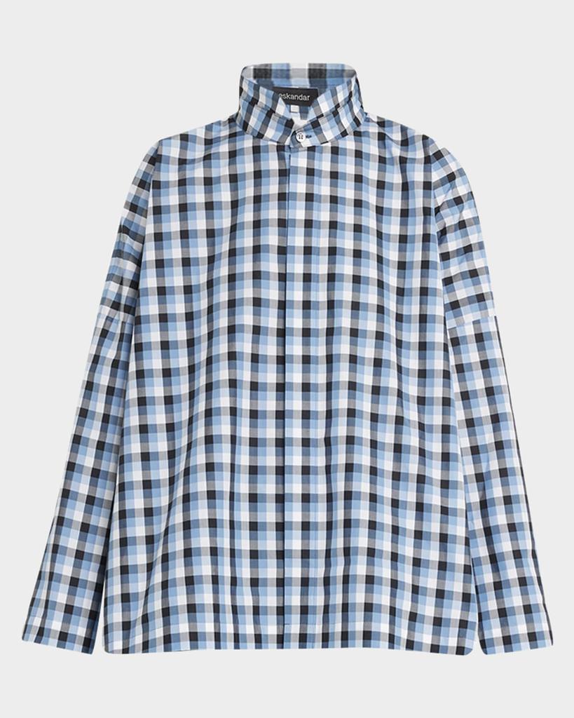 Eskandar Wide Longer-Back Plaid Shirt with Double Stand Collar (Mid-Plus)