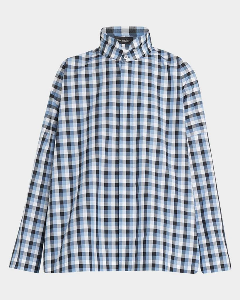 Eskandar Wide Longer-Back Plaid Shirt with Double Stand Collar (Mid-Plus) 2