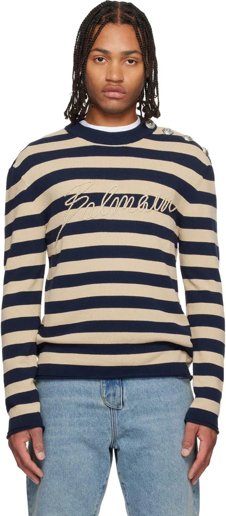 Balmain Navy 
Beige 
Balmain
 Logo Marinière Sweater 1