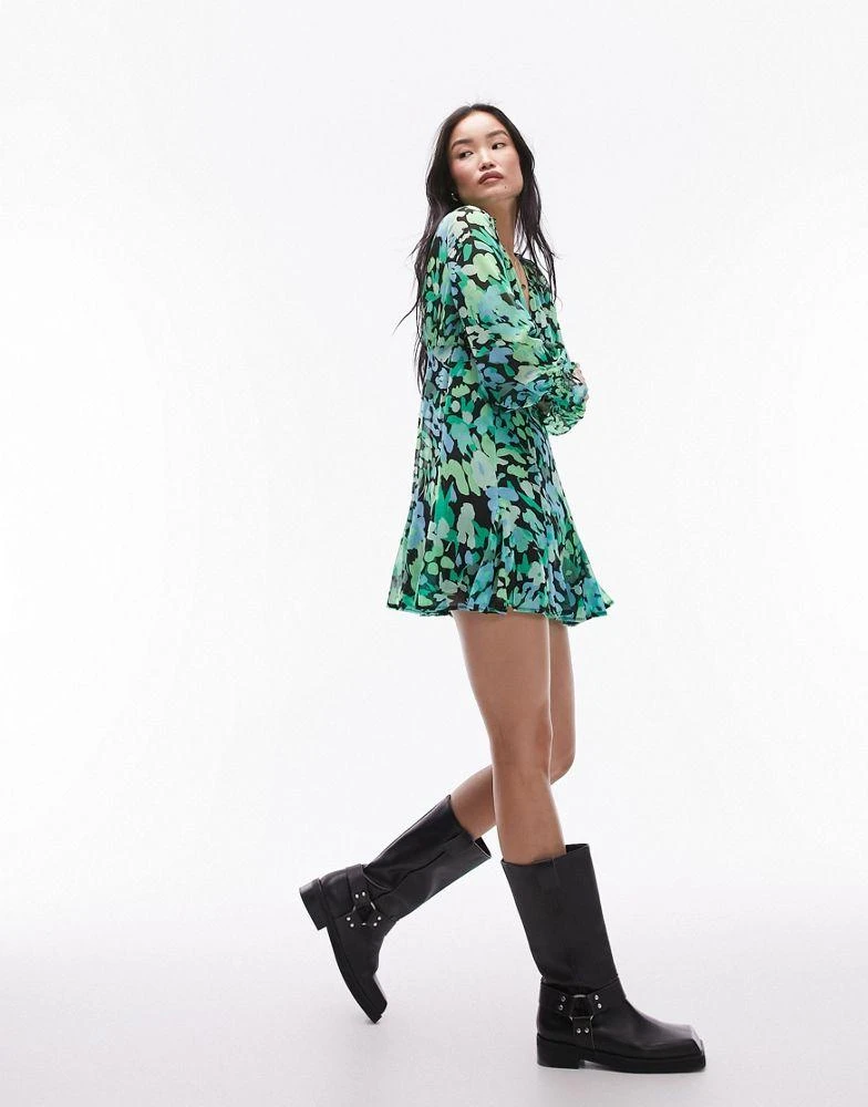 Topshop Topshop long sleeve godet mini tea dress in green floral print 3