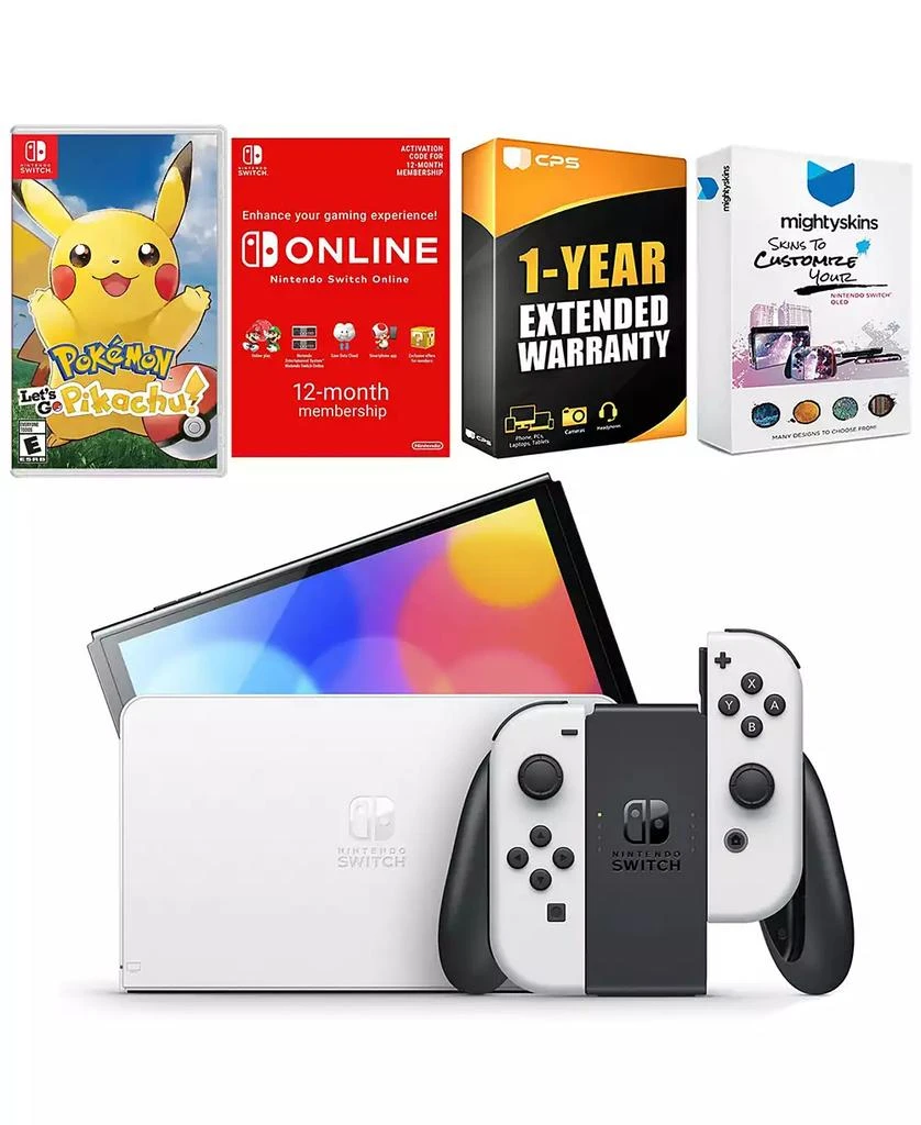 Nintendo Switch White OLED Console with Pokemon Let
s Go, Pikachu!, NSO 12 Month Family Membership, MightySkins Console and Controller Skin Voucher, a