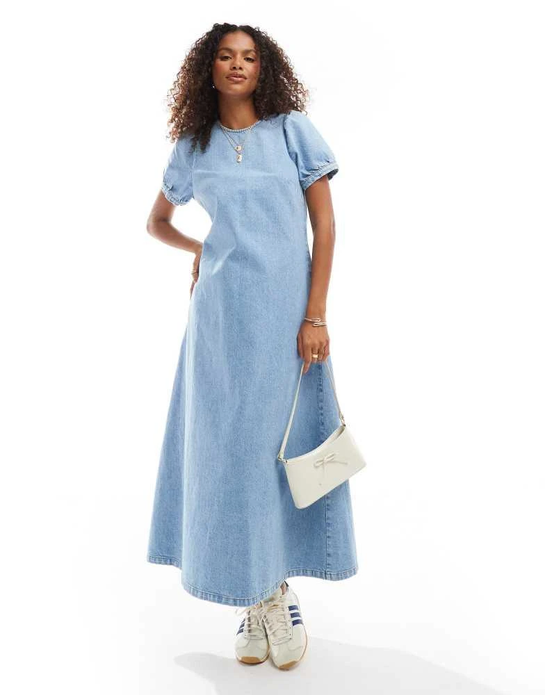 ASOS ASOSD DESIGN denim puff sleeve midi dress in mid blue 1