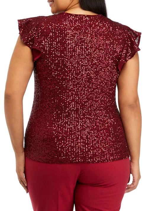 THE LIMITED Plus Size V-Neck Flutter Sleeve Sequin Top 2