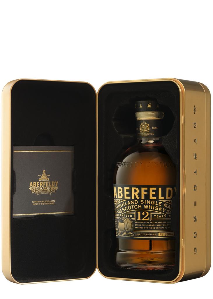 ABERFELDY 12 Year Old Single Malt Scotch Whisky Gold Bar Gift Tin