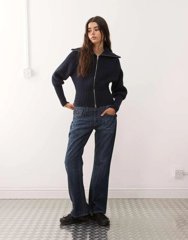 Weekday Weekday rib knit zip through cardigan in dark blue 3