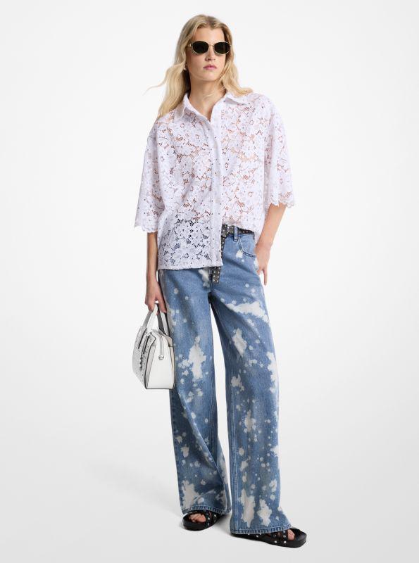 Michael Kors Hand-Splattered Bleach Denim Wide-Leg Jean