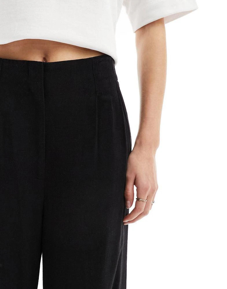 ASOS ASOS DESIGN Tall tailored high waist seam detail wide leg linen trousers in black 2