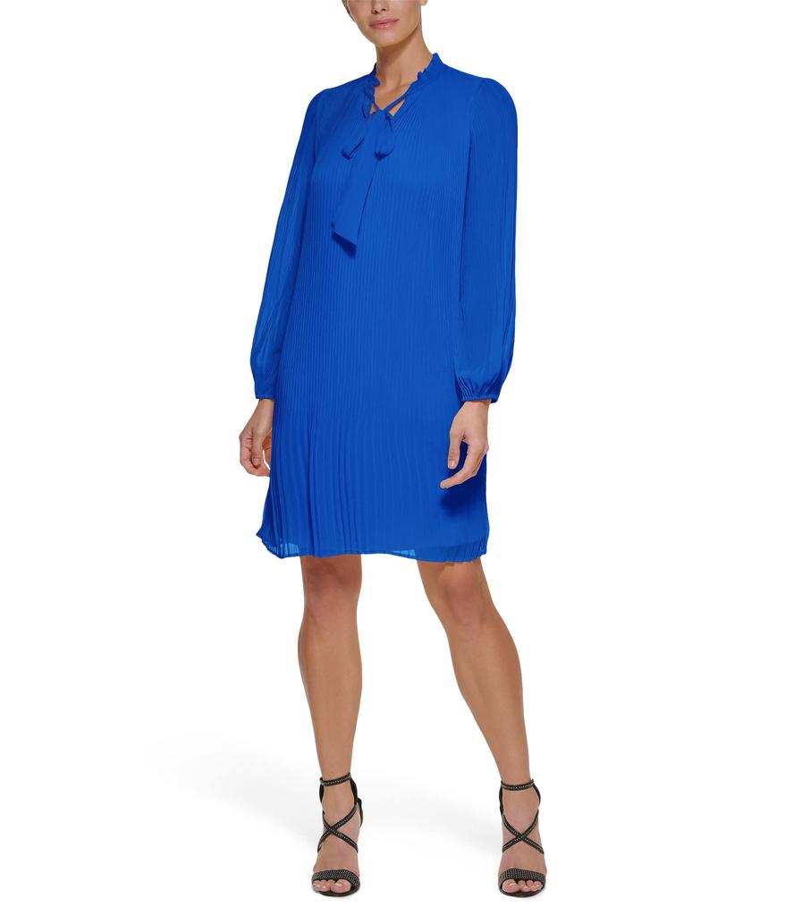 DKNY Long Sleeve Pleated Shift Dress with Neck Tie