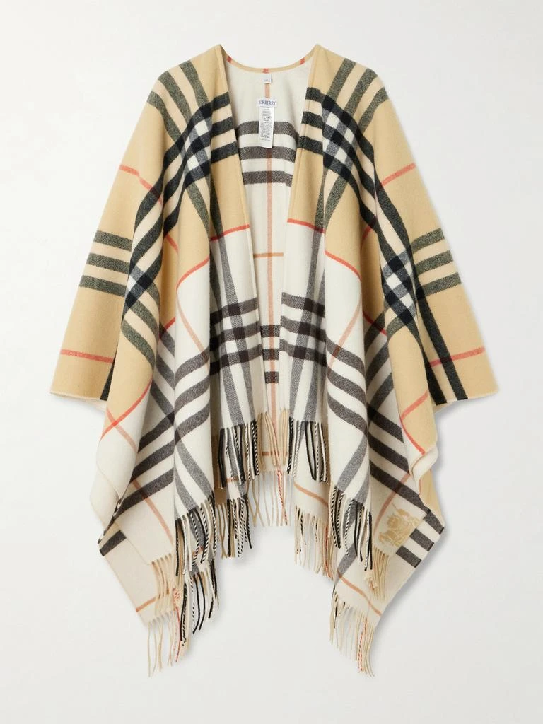 Burberry Oversized Fringed Checked Cashmere And Wool-blend Cape - Beige
