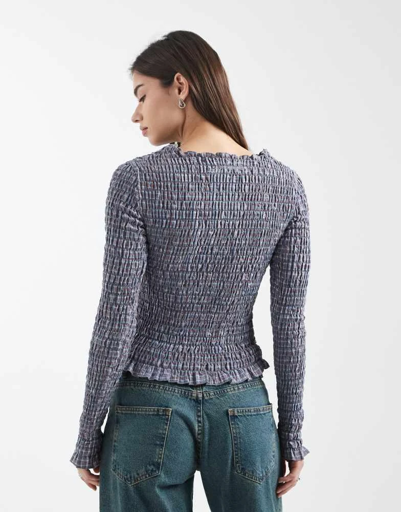 Daisy Street Daisy Street long sleeve shirred top in blue red check 2