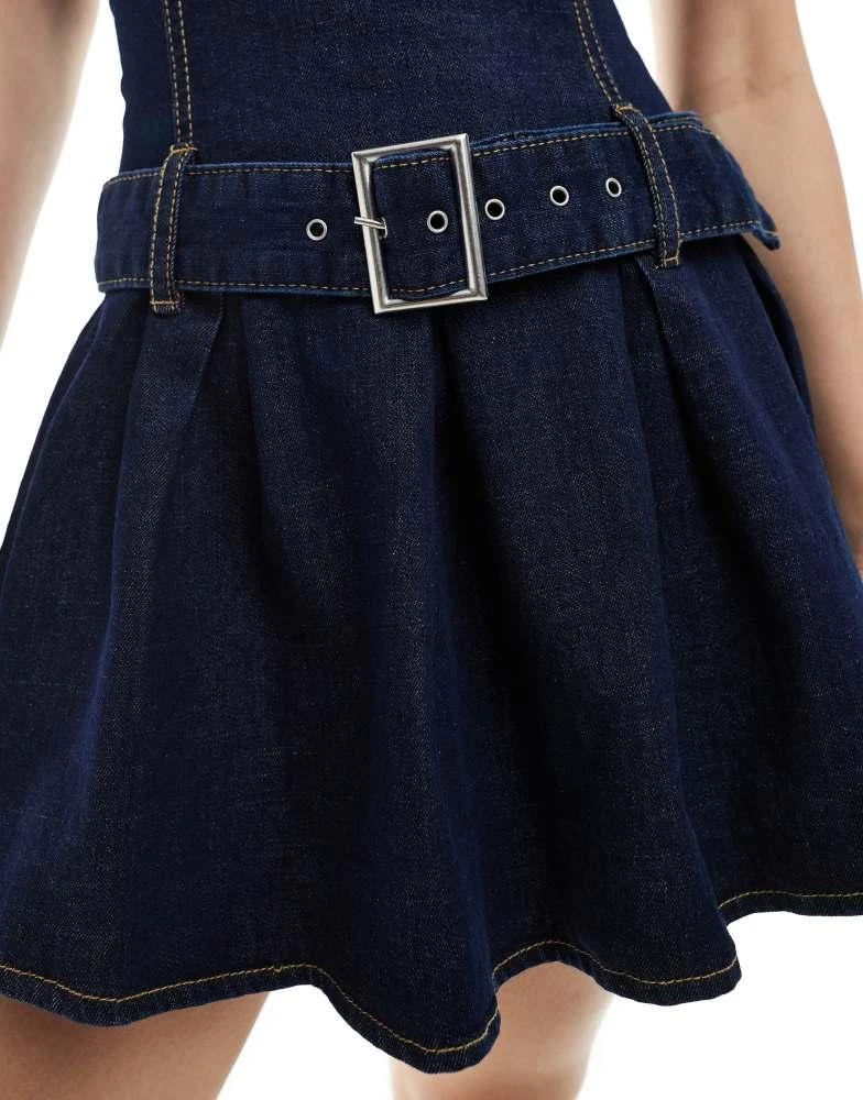 Bershka Bershka bandeau belted denim mini dress in dark wash blue 4