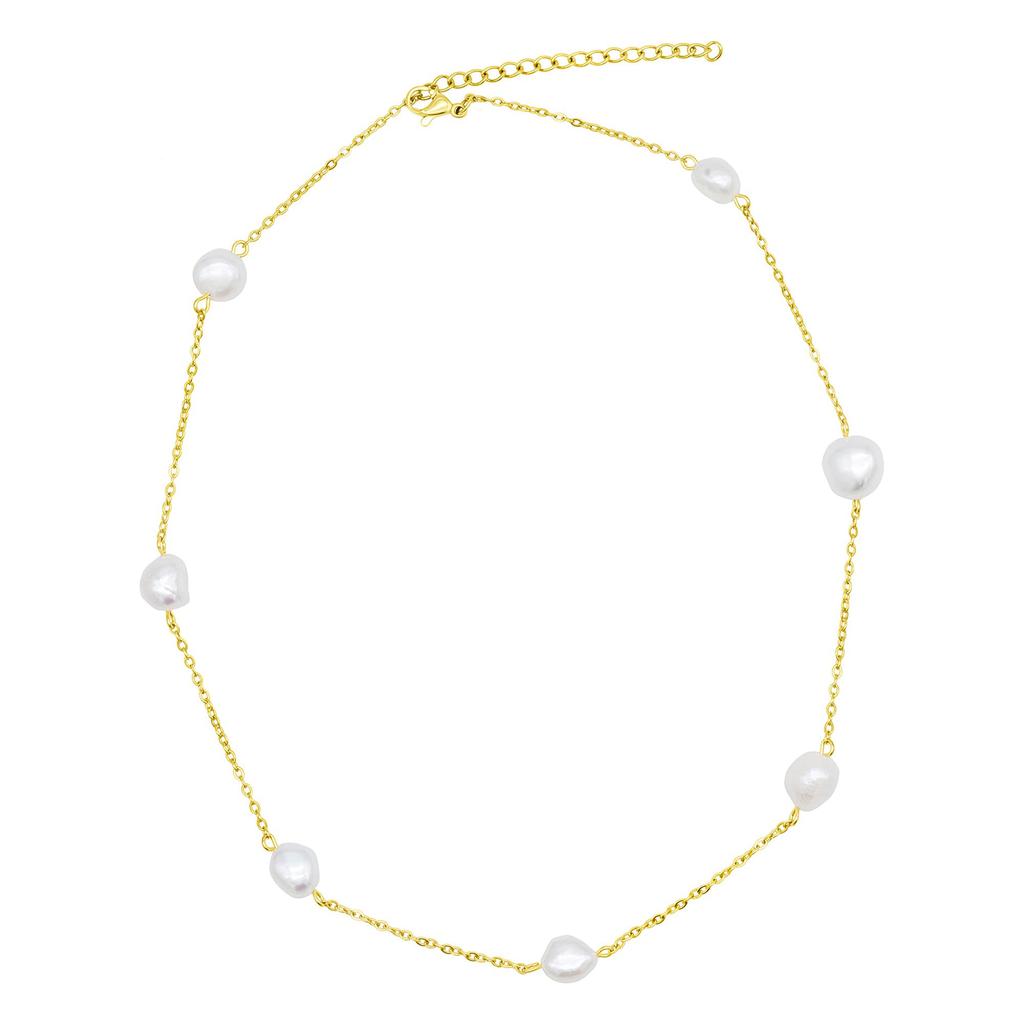 ADORNIA Tarnish Resistant 14K Gold Plated Adjustable Station Freshwater Pearl Necklace