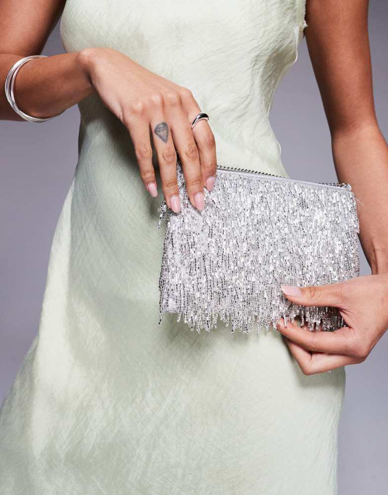 True Decadence True Decadence embellished tassle clutch bag in silver