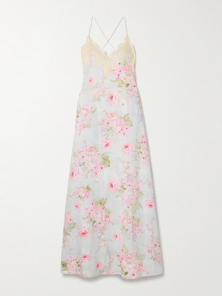 Zimmermann Halliday 蕾丝边饰花卉印花亚麻超长连衣裙