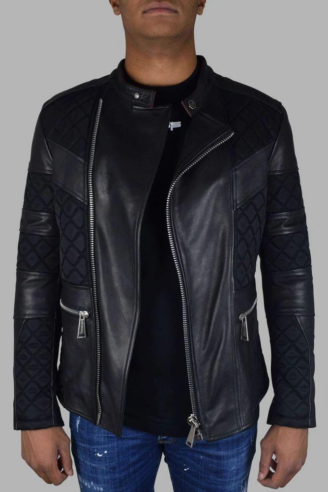 Philipp Plein Black Leather Biker Jacket With Quilted Panels 3