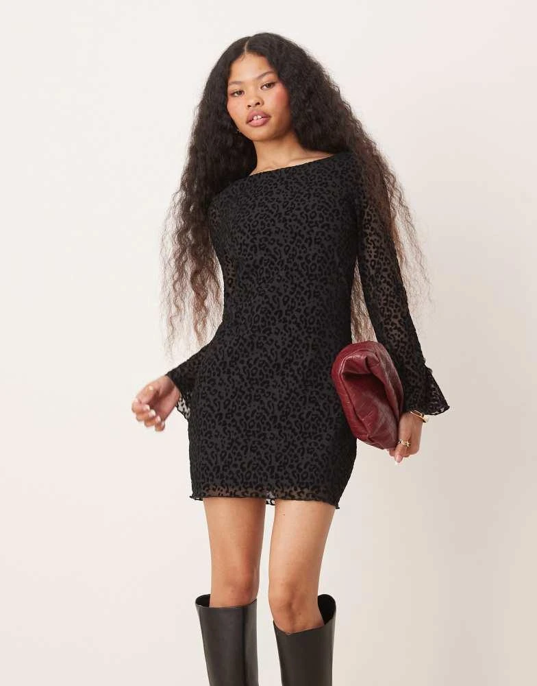 New Look Petite New Look Petite flocked leopard mesh long sleeve mini dress in black 2