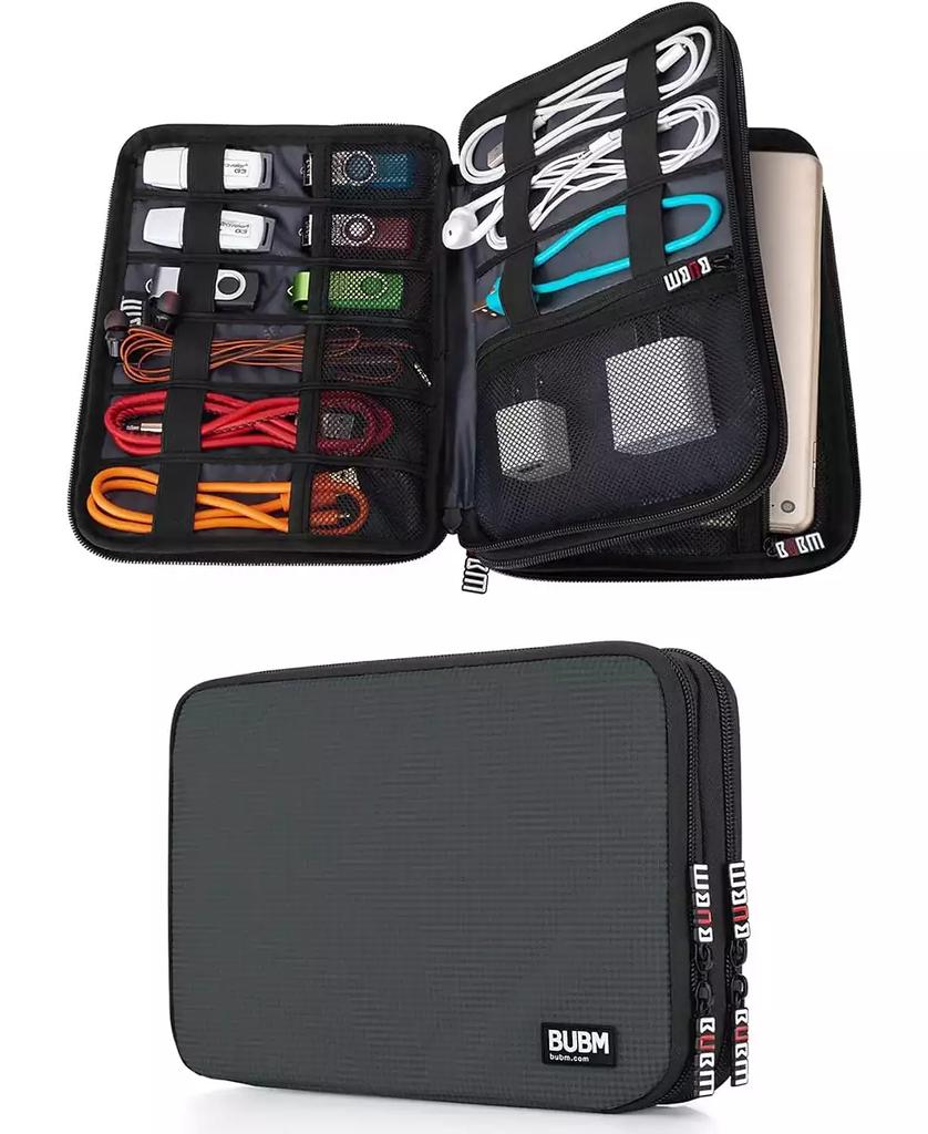 BUBM Gray Electronics Organizer - Medium Double Layer Travel Storage Bag for iPad Mini, Cables, USB Drives, Chargers & Tech Accessories
