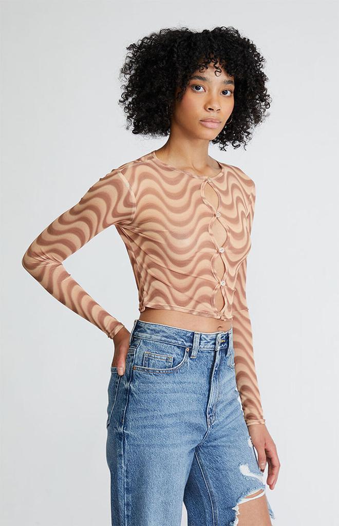 Daisy Street Brown Swirl Mesh Long Sleeve Top